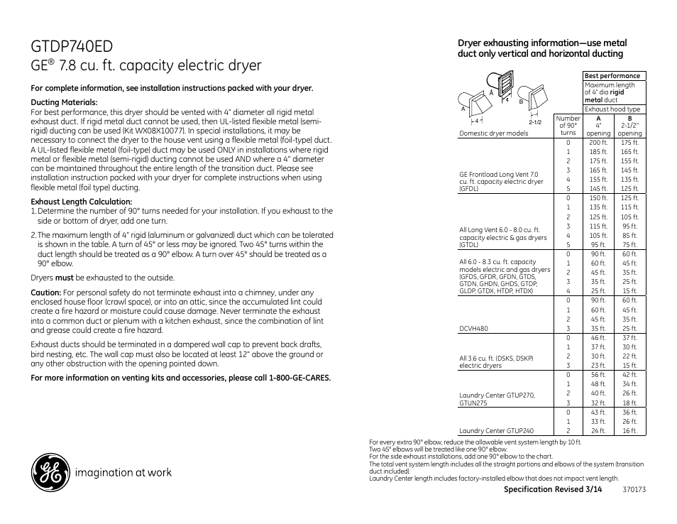Gtdp740ed, 8 cu. ft. capacity electric dryer | GE GTDP740EDWW User Manual | Page 2 / 3