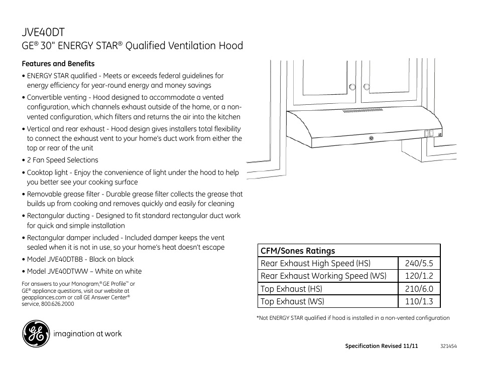 Jve40dt, 30" energy star, Qualified ventilation hood | GE JVE40DTBB User Manual | Page 2 / 2