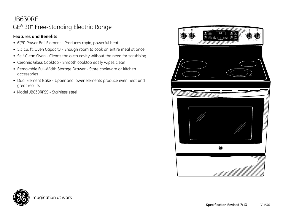 Jb630rf, 30" free-standing electric range | GE JB630RFSS User Manual | Page 2 / 2