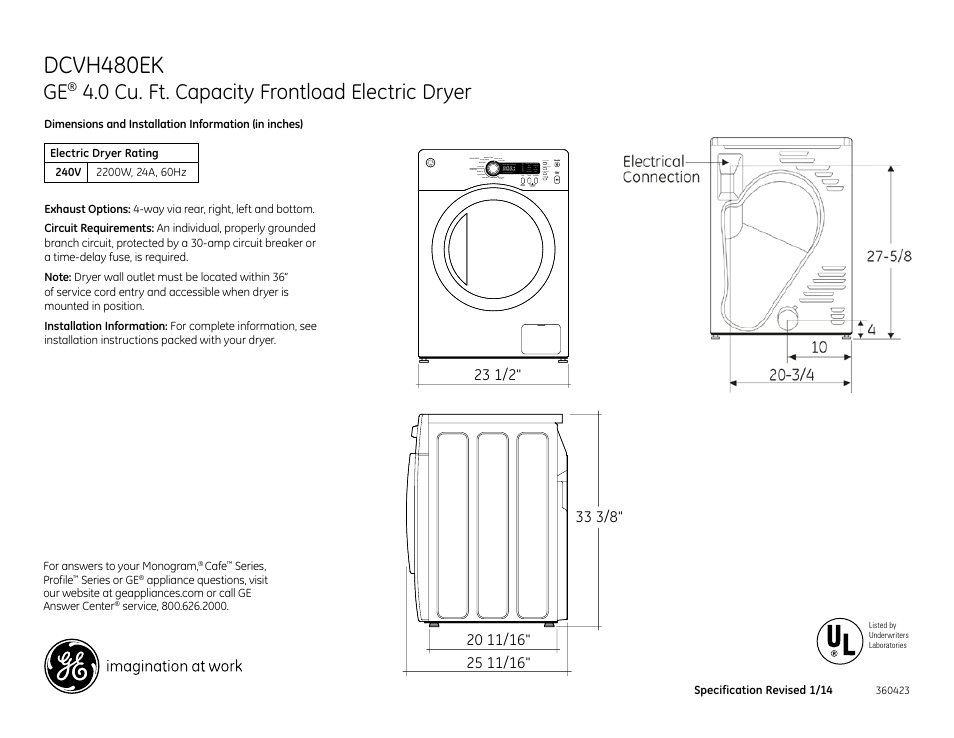 GE DCVH480EKWW User Manual | 4 pages