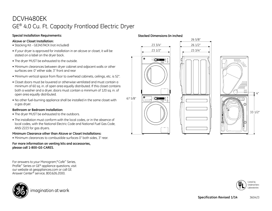 Dcvh480ek, 0 cu. ft. capacity frontload electric dryer | GE DCVH480EKWW User Manual | Page 2 / 4