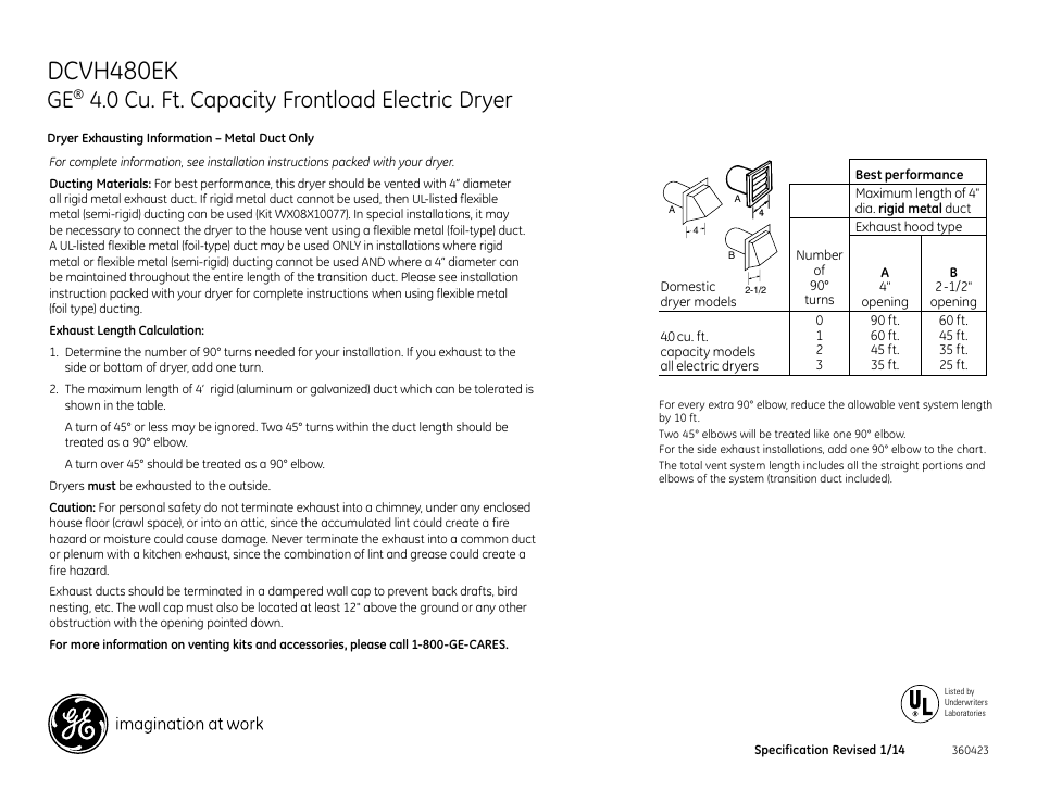 Dcvh480ek, 0 cu. ft. capacity frontload electric dryer | GE DCVH480EKWW User Manual | Page 3 / 4