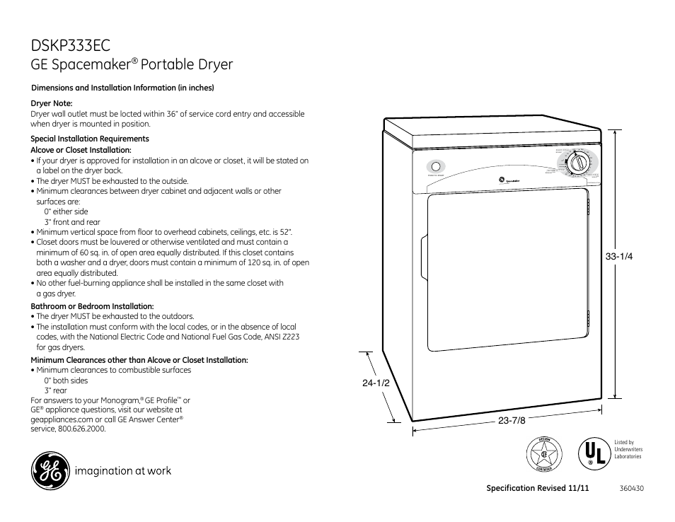 GE DSKP333ECWW User Manual | 3 pages