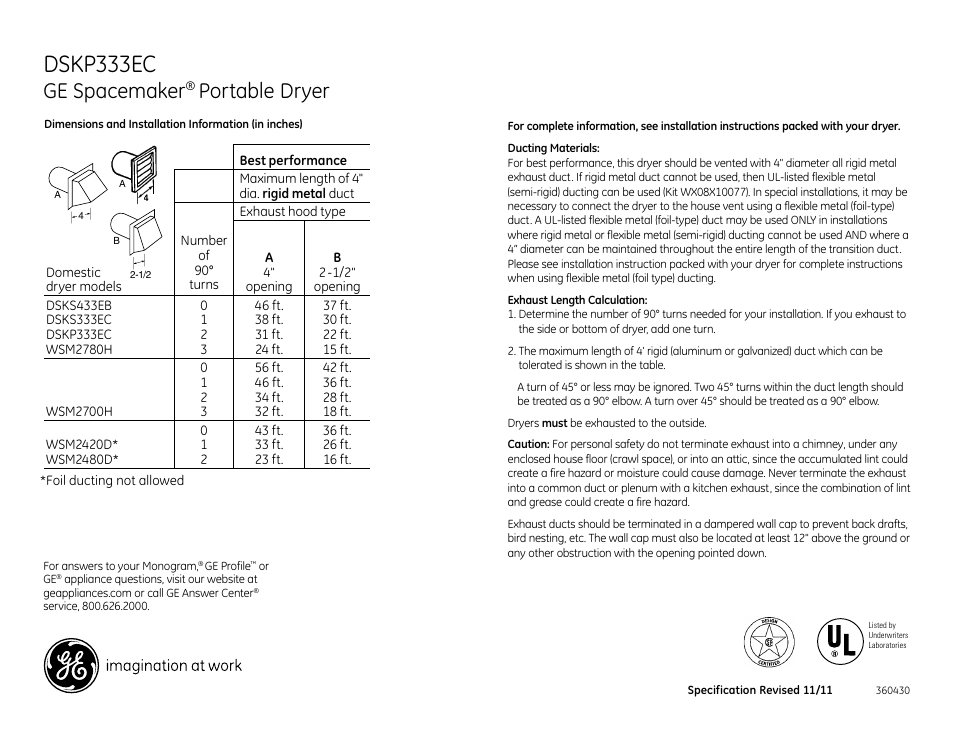 Dskp333ec, Ge spacemaker, Portable dryer | GE DSKP333ECWW User Manual | Page 2 / 3