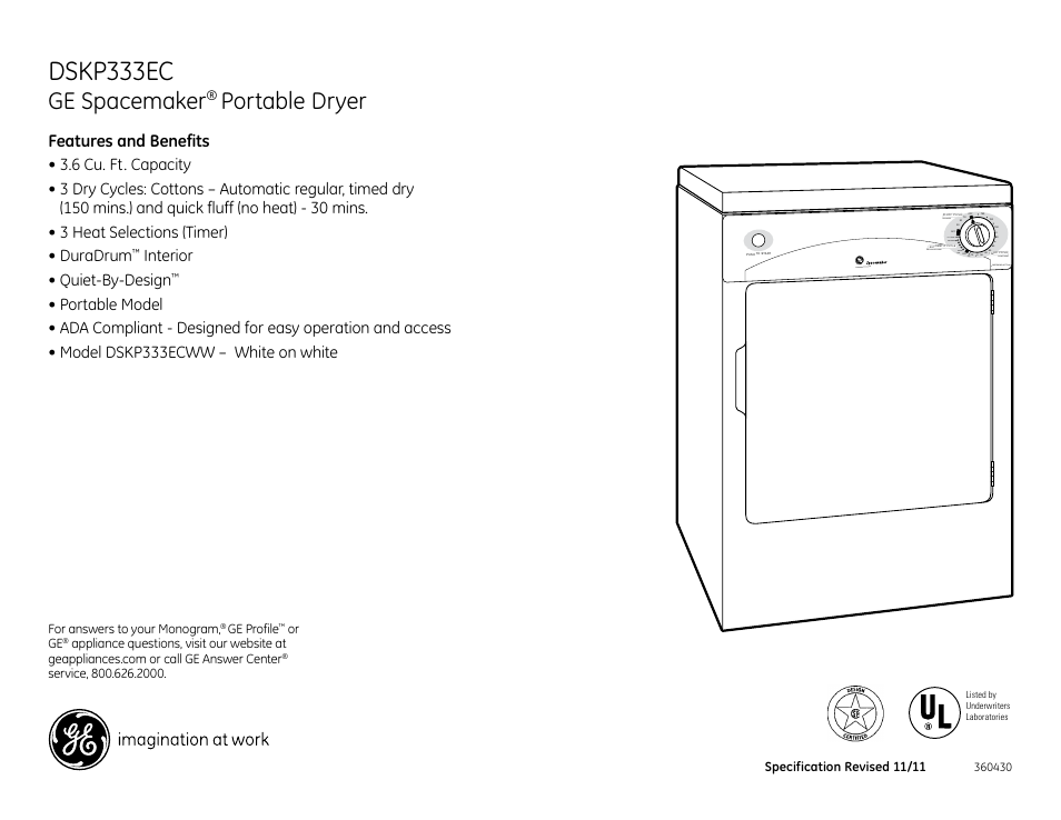 Dskp333ec, Ge spacemaker, Portable dryer | Dskp333ecww, Interior • quiet-by-design, Off extra dry optimum regular heat, Cool down cool down, No heat, High heat, Preferred setting | GE DSKP333ECWW User Manual | Page 3 / 3