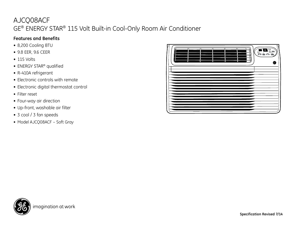 Ajcq08acf, Energy star, 115 volt built-in cool-only room air conditioner | GE AJCQ08ACF User Manual | Page 3 / 3