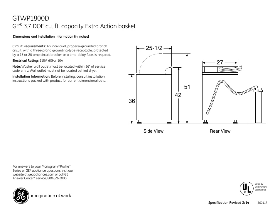 GE GTWP1800DWW User Manual | 2 pages