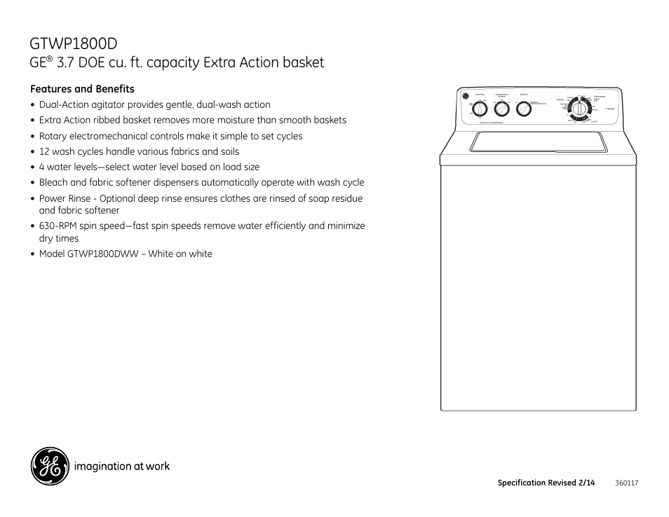 Gtwp1800d, 7 doe cu. ft. capacity extra action basket | GE GTWP1800DWW User Manual | Page 2 / 2