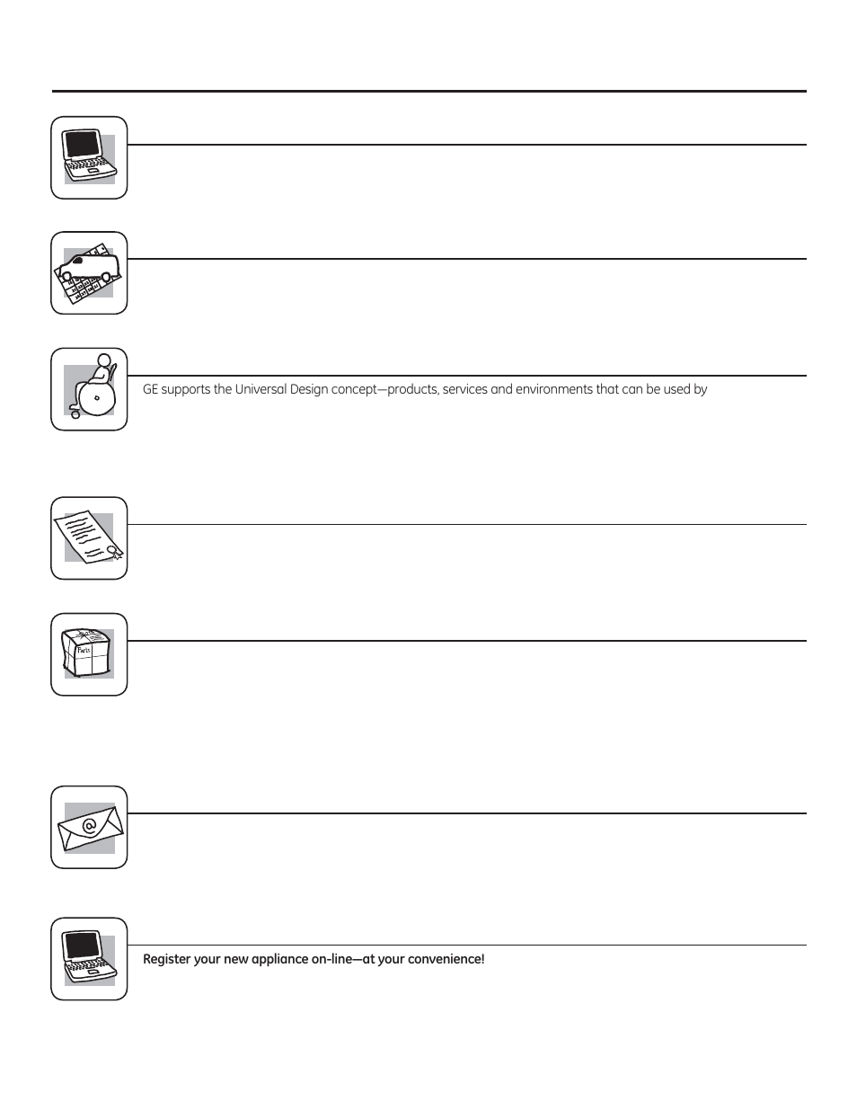 Register your appliance, Consumer support. ge appliances website, Schedule service | Real life design studio, Extended warranties, Parts and accessories, Contact us | GE JGRS06BEJBB User Manual | Page 28 / 28