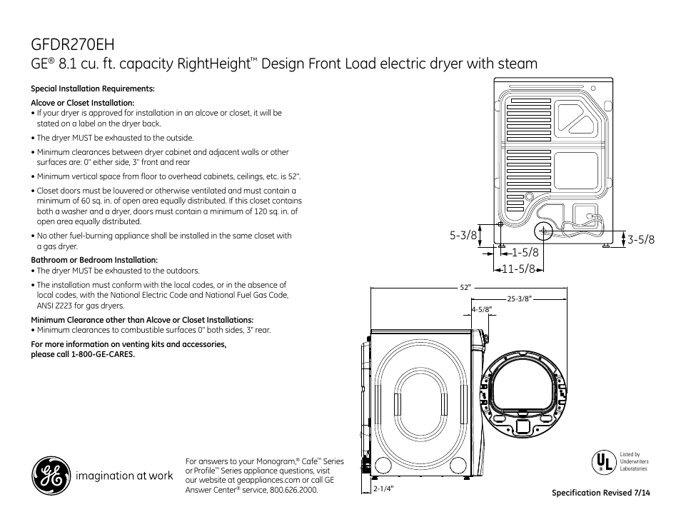 Gfdr270eh, 1 cu. ft. capacity rightheight, Design front load electric dryer with steam | GE GFDR270EHWW User Manual | Page 2 / 4