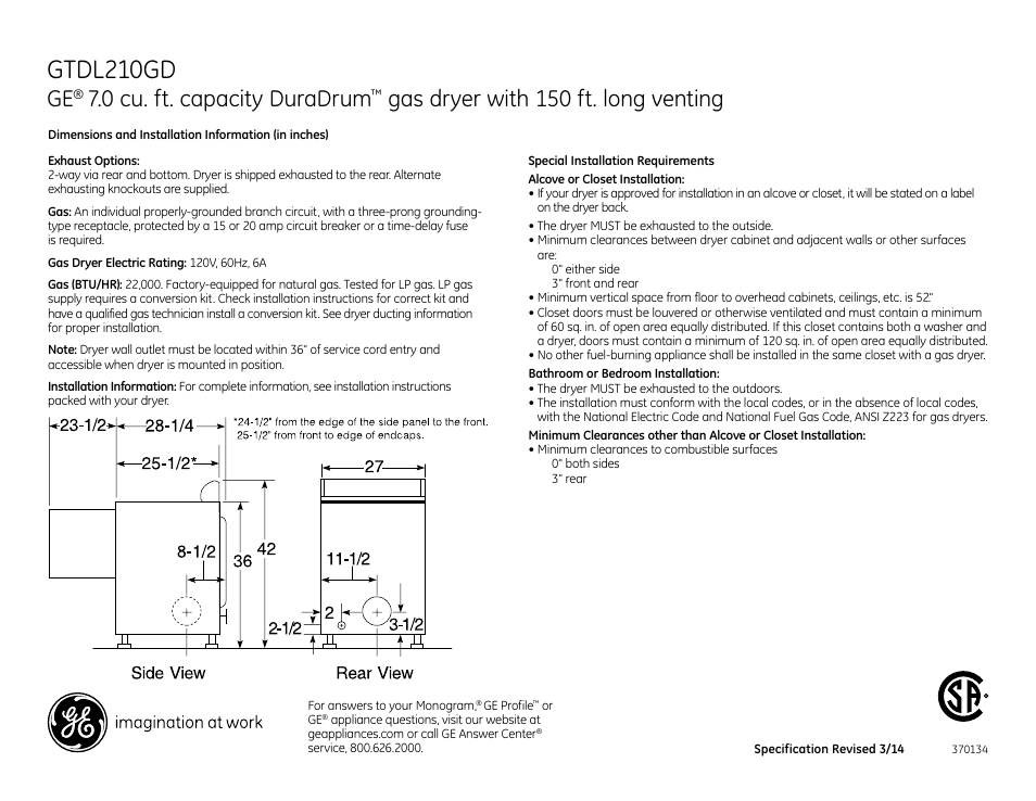 GE GTDL210GDWW User Manual | 3 pages