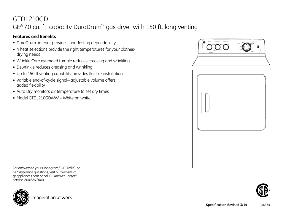 Gtdl210gd, 0 cu. ft. capacity duradrum, Gas dryer with 150 ft. long venting | GE GTDL210GDWW User Manual | Page 3 / 3