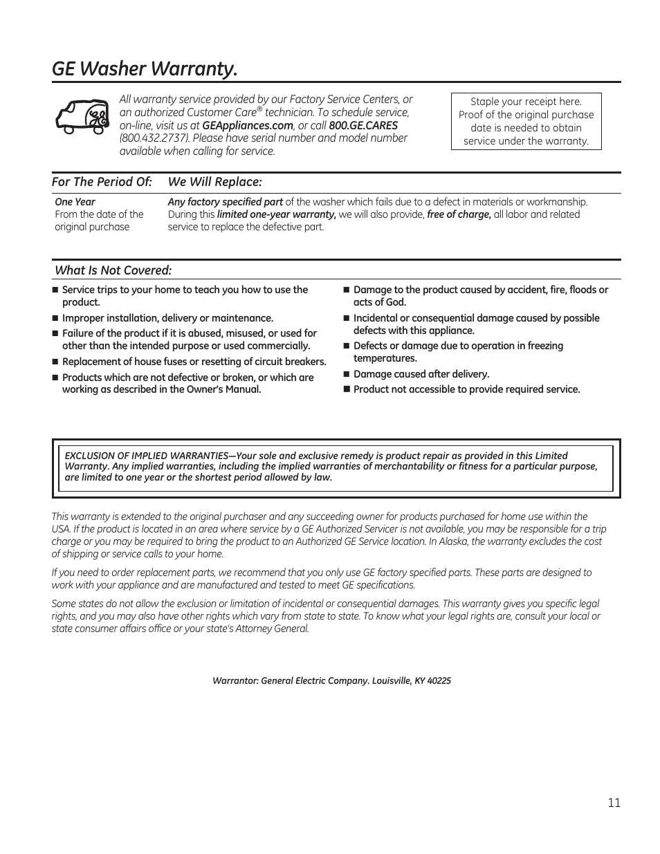 Ge washer warranty | GE GTWN4250DWS User Manual | Page 11 / 24