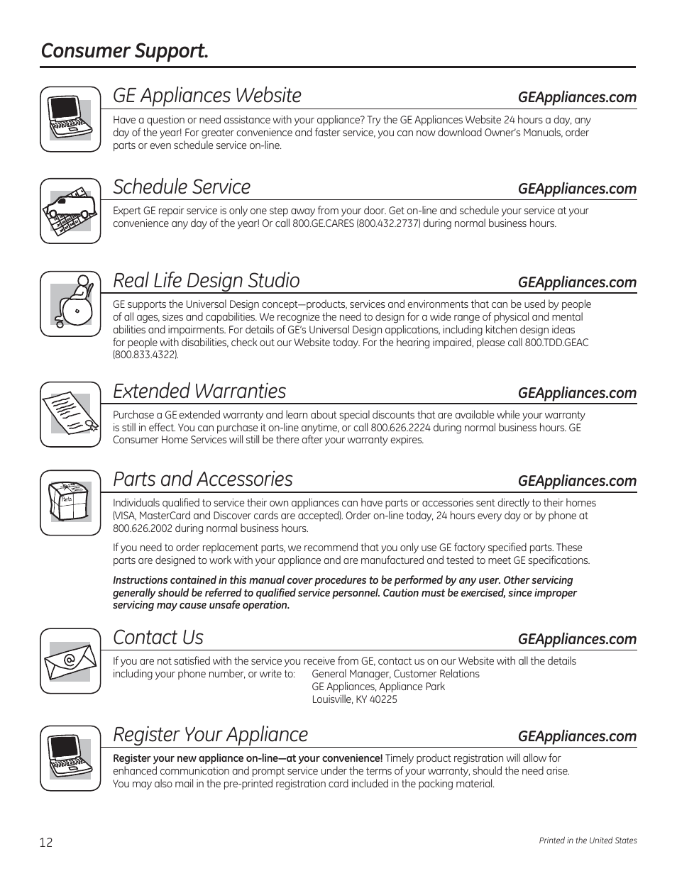 Consumer support. ge appliances website, Schedule service, Real life design studio | Extended warranties, Parts and accessories, Contact us, Register your appliance | GE GTWN4250DWS User Manual | Page 12 / 24