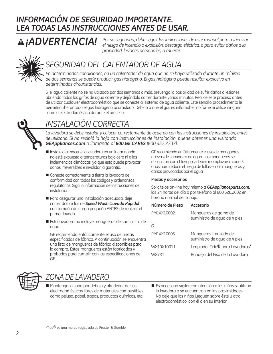 Advertencia, Seguridad del calentador de agua, Instalación correcta | Zona de lavadero | GE GTWN4250DWS User Manual | Page 14 / 24