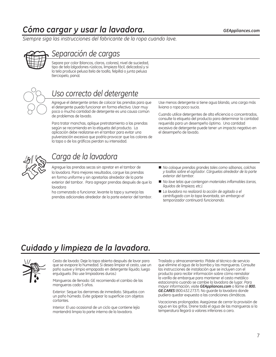 Cómo cargar y usar la lavadora, Separación de cargas, Uso correcto del detergente | Carga de la lavadora, Xlgdgr\olpslh]dghododydgrud | GE GTWN4250DWS User Manual | Page 19 / 24