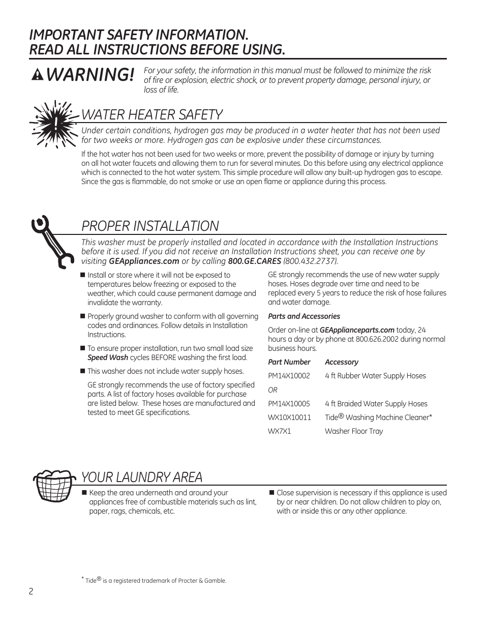 Warning, Water heater safety, Proper installation | Your laundry area | GE GTWN4250DWS User Manual | Page 2 / 24