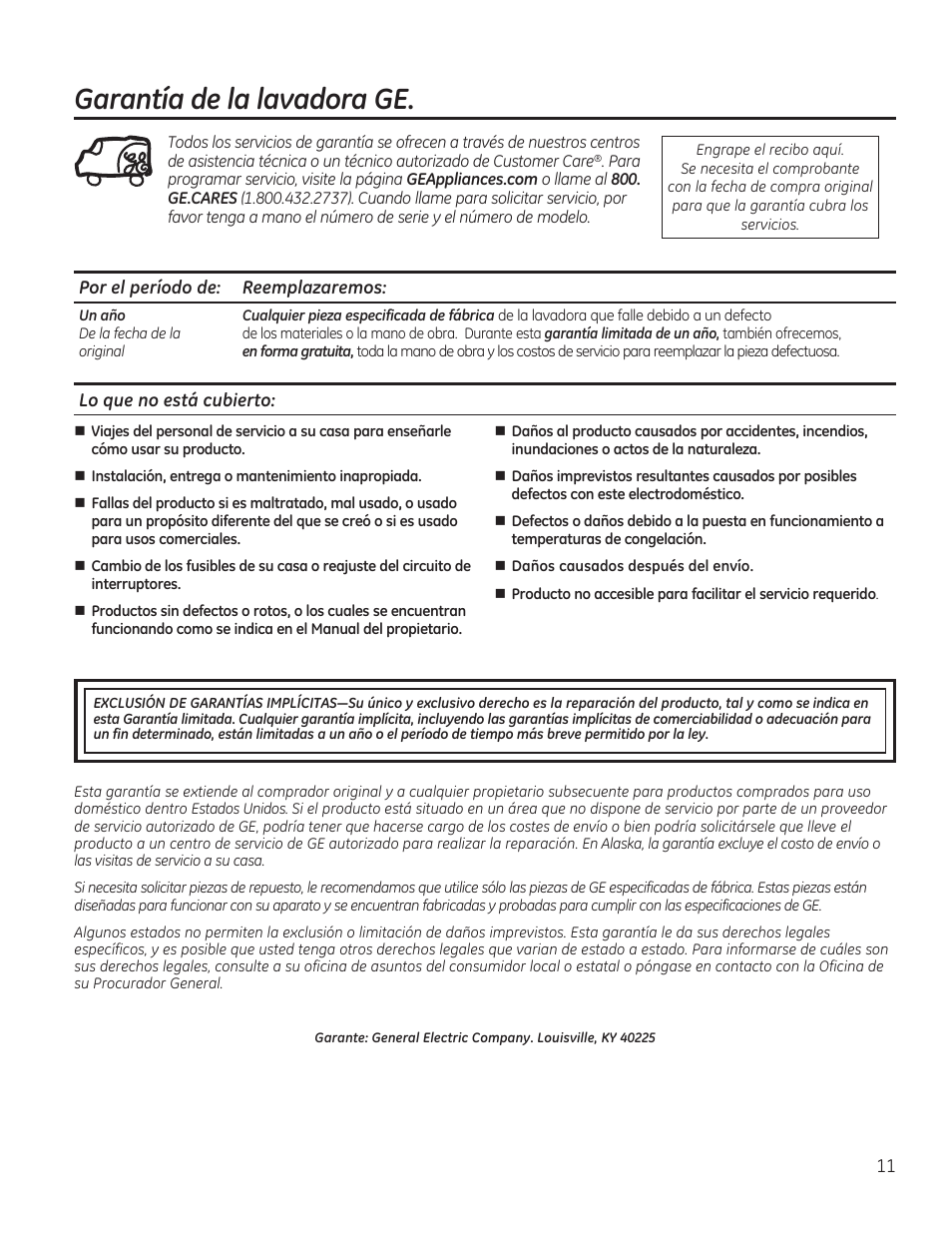 Garantía de la lavadora ge | GE GTWN4250DWS User Manual | Page 23 / 24