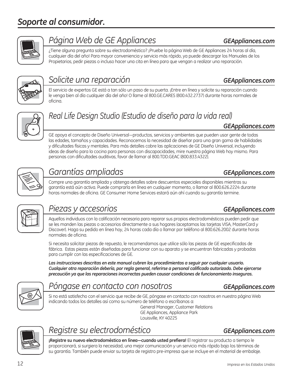 Página web de ge appliances, Solicite una reparación, Garantías ampliadas | Piezas y accesorios, Póngase en contacto con nosotros, Registre su electrodoméstico | GE GTWN4250DWS User Manual | Page 24 / 24