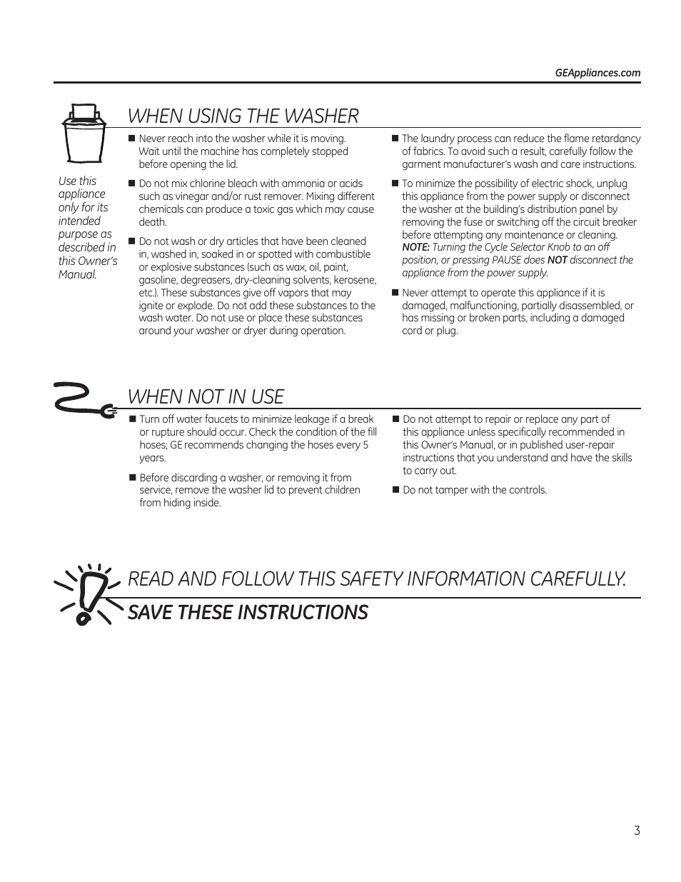 When using the washer, When not in use | GE GTWN4250DWS User Manual | Page 3 / 24