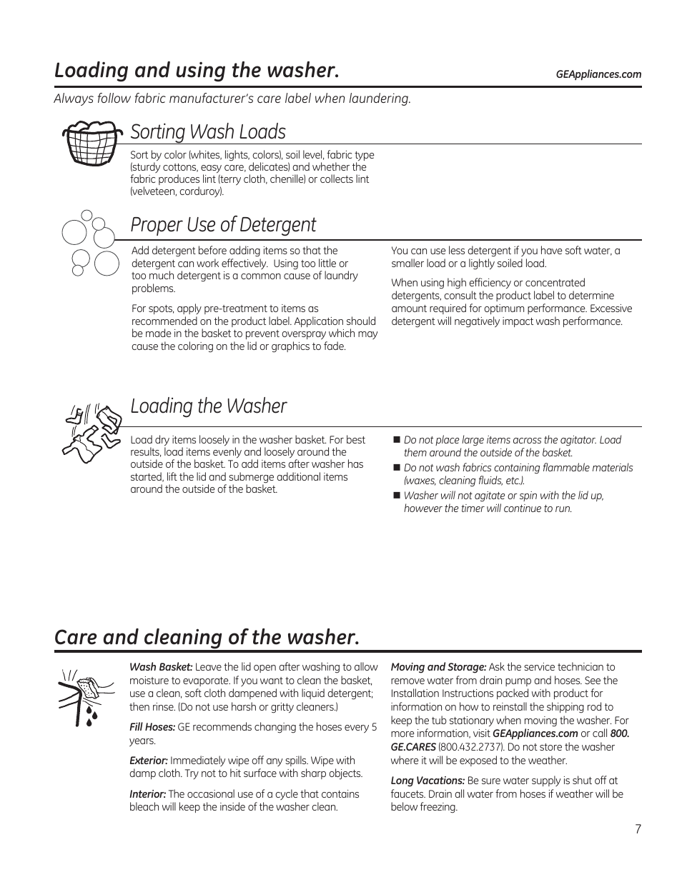 Loading and using the washer, Sorting wash loads, Proper use of detergent loading the washer | Care and cleaning of the washer | GE GTWN4250DWS User Manual | Page 7 / 24