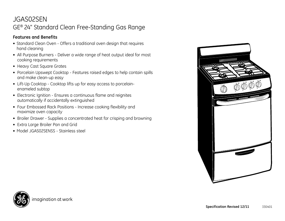 Jgas02sen, 24" standard clean free-standing gas range, Jgas02senss | Left front, Left rear, Right rear, Right front | GE JGAS02SENSS User Manual | Page 2 / 2