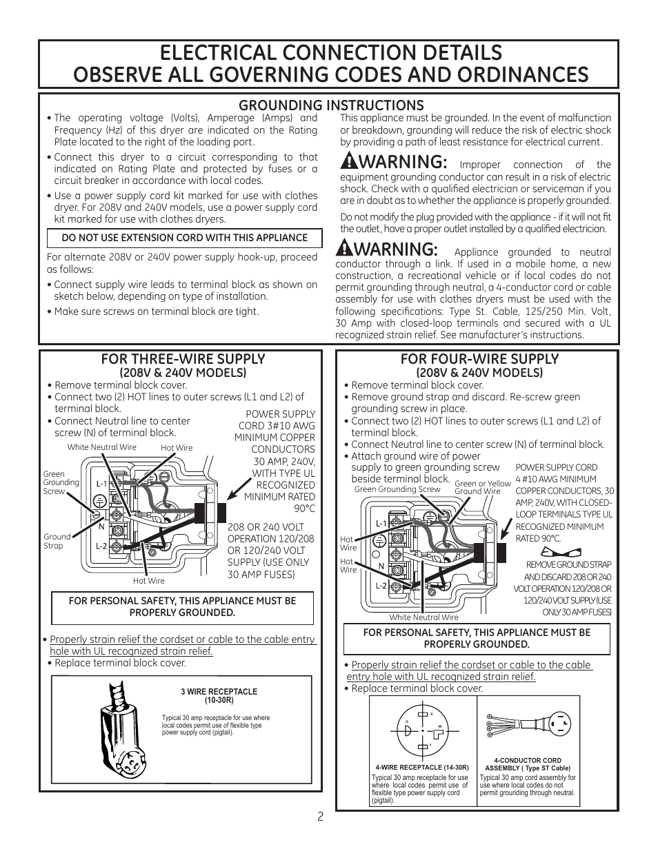 Warning, For three-wire supply, For four-wire supply | Grounding instructions | GE DSKS333ECWW User Manual | Page 2 / 4