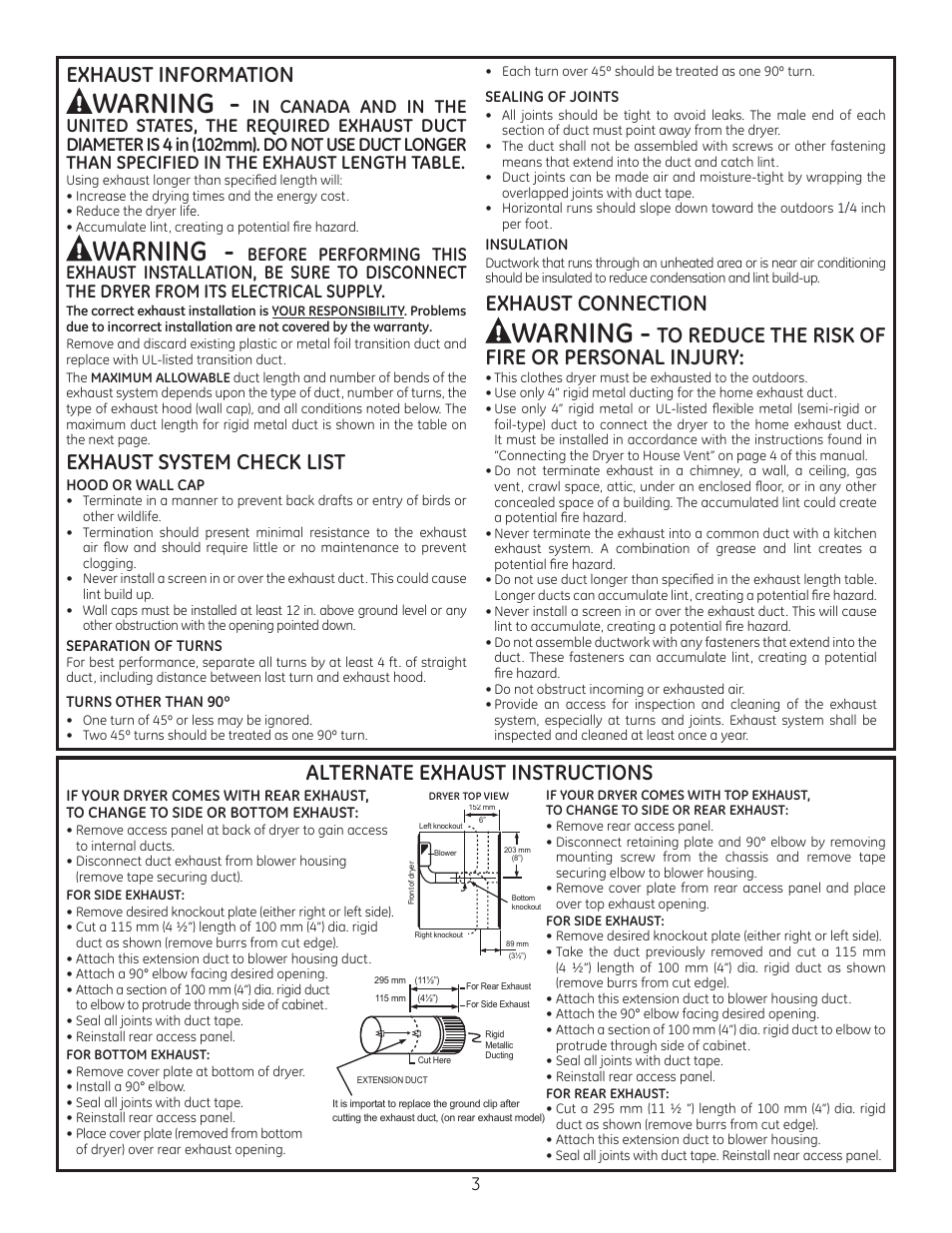 Warning, Exhaust information, Exhaust system check list | Exhaust connection, Alternate exhaust instructions | GE DSKS333ECWW User Manual | Page 3 / 4