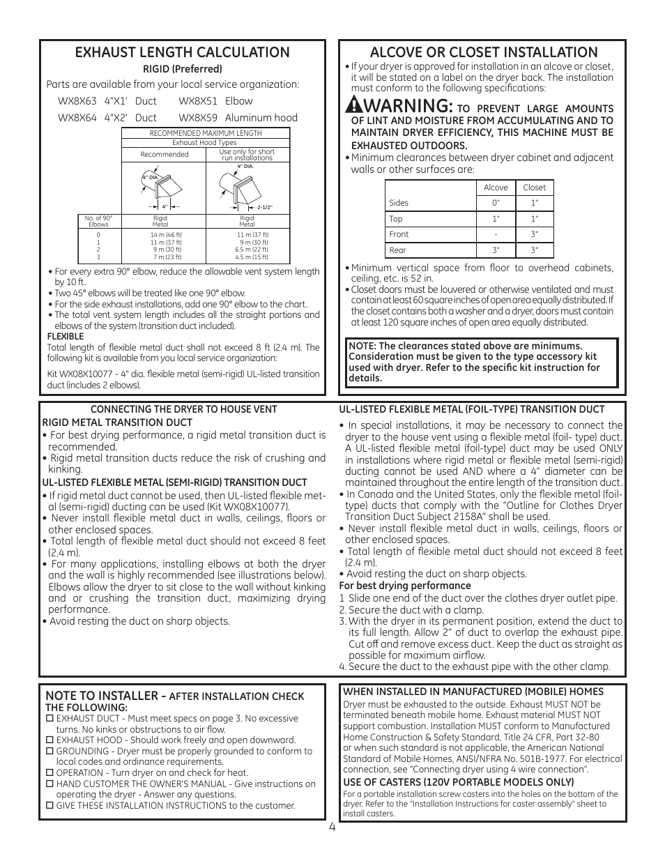 Warning, Exhaust length calculation, Alcove or closet installation | GE DSKS333ECWW User Manual | Page 4 / 4