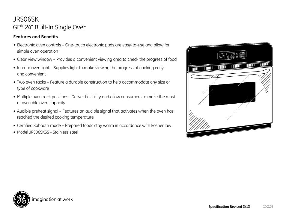 Jrs06sk, 24" built-in single oven | GE JRS06SKSS User Manual | Page 2 / 2