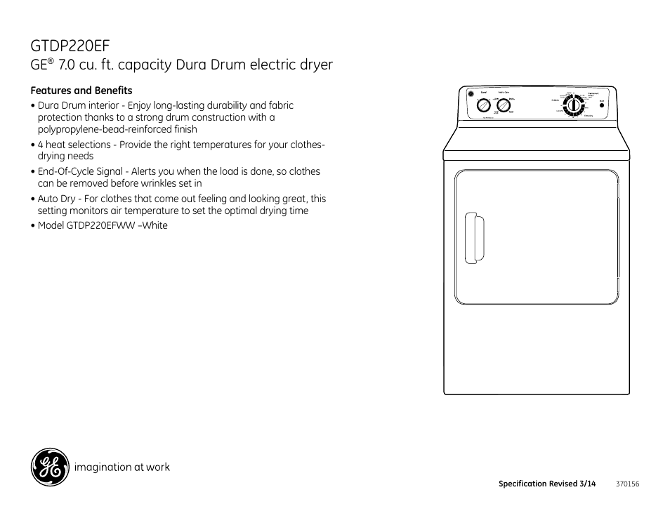 Gtdp220ef, 0 cu. ft. capacity dura drum electric dryer | GE GTDP220EFWW User Manual | Page 3 / 3