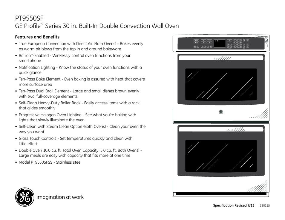 Pt9550sf, Ge profile, Series 30 in. built-in double convection wall oven | Pt9550sfss | GE PT9550SFSS User Manual | Page 2 / 2