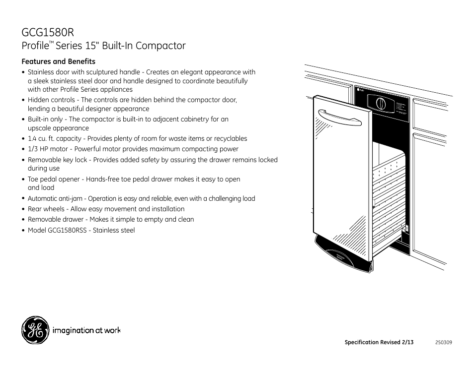 Gcg1580r, Profile, Series 15" built-in compactor | GE GCG1580RSS User Manual | Page 2 / 2