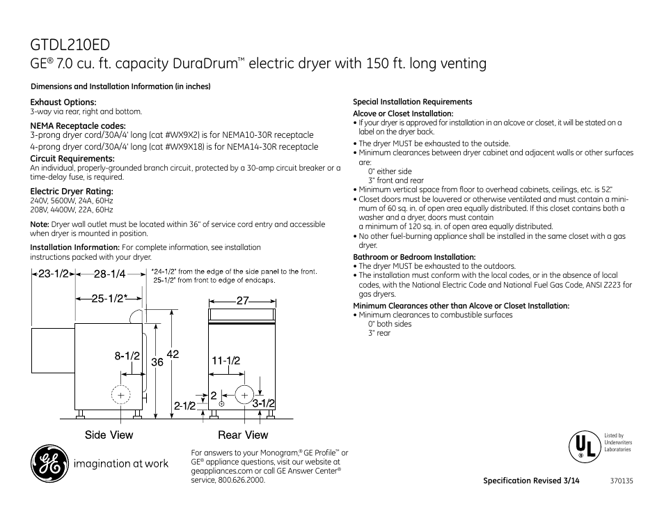 GE GTDL210EDWW User Manual | 3 pages