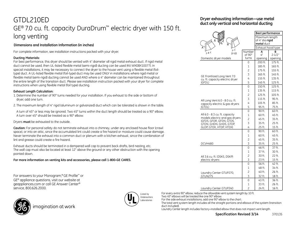 Gtdl210ed, 0 cu. ft. capacity duradrum, Electric dryer with 150 ft. long venting | GE GTDL210EDWW User Manual | Page 2 / 3