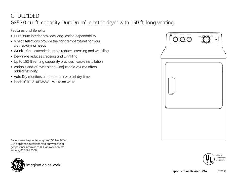 Gtdl210ed, 0 cu. ft. capacity duradrum, Electric dryer with 150 ft. long venting | GE GTDL210EDWW User Manual | Page 3 / 3