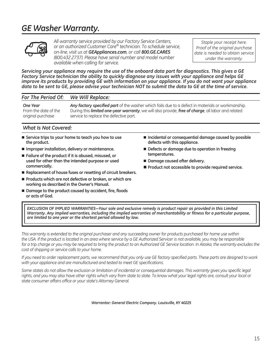 Ge washer warranty | GE GTWN7450HWW User Manual | Page 15 / 32