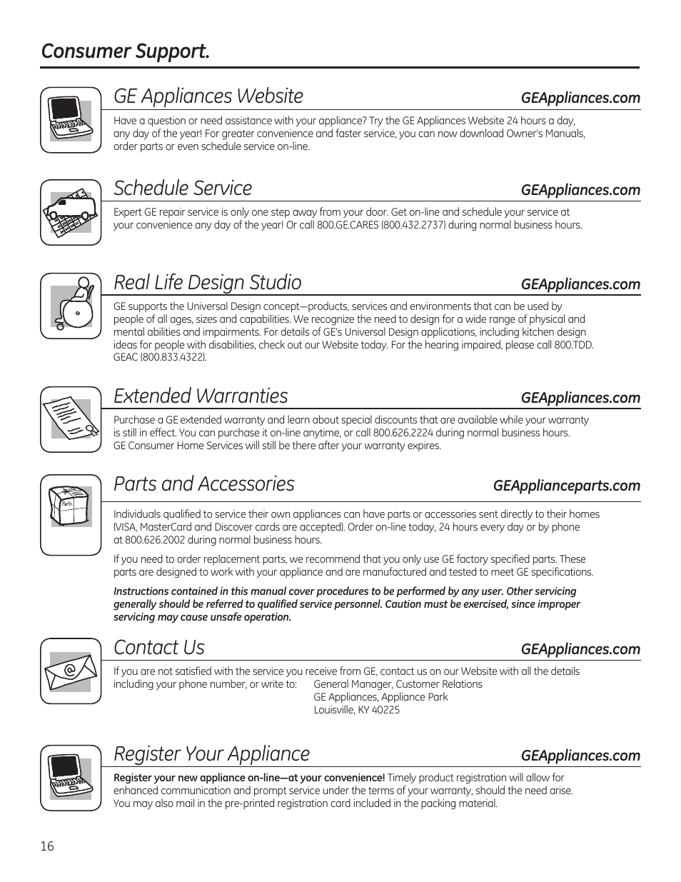 Consumer support. parts and accessories, Ge appliances website, Schedule service | Real life design studio, Extended warranties, Contact us, Register your appliance | GE GTWN7450HWW User Manual | Page 16 / 32