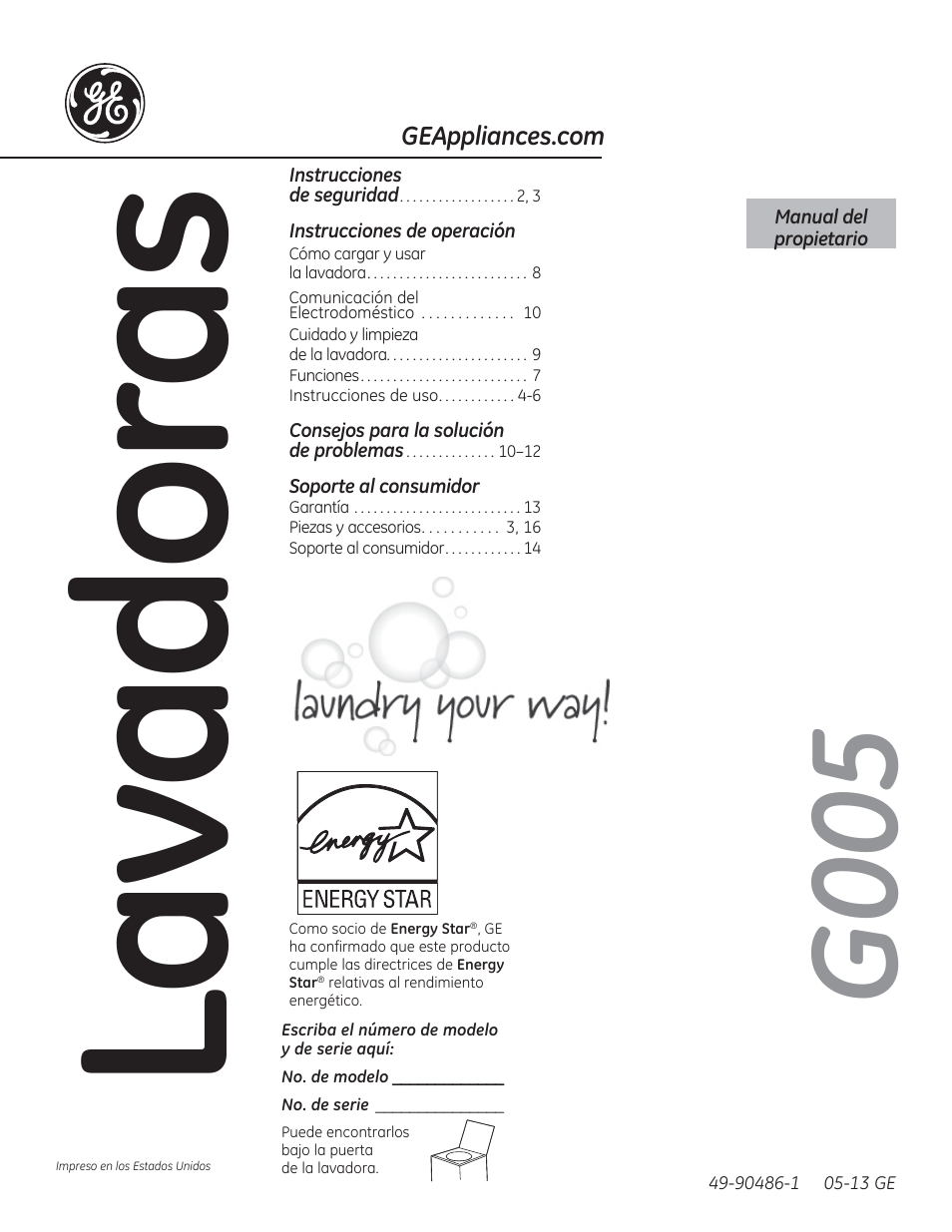 Lavadoras, G005 | GE GTWN7450HWW User Manual | Page 17 / 32