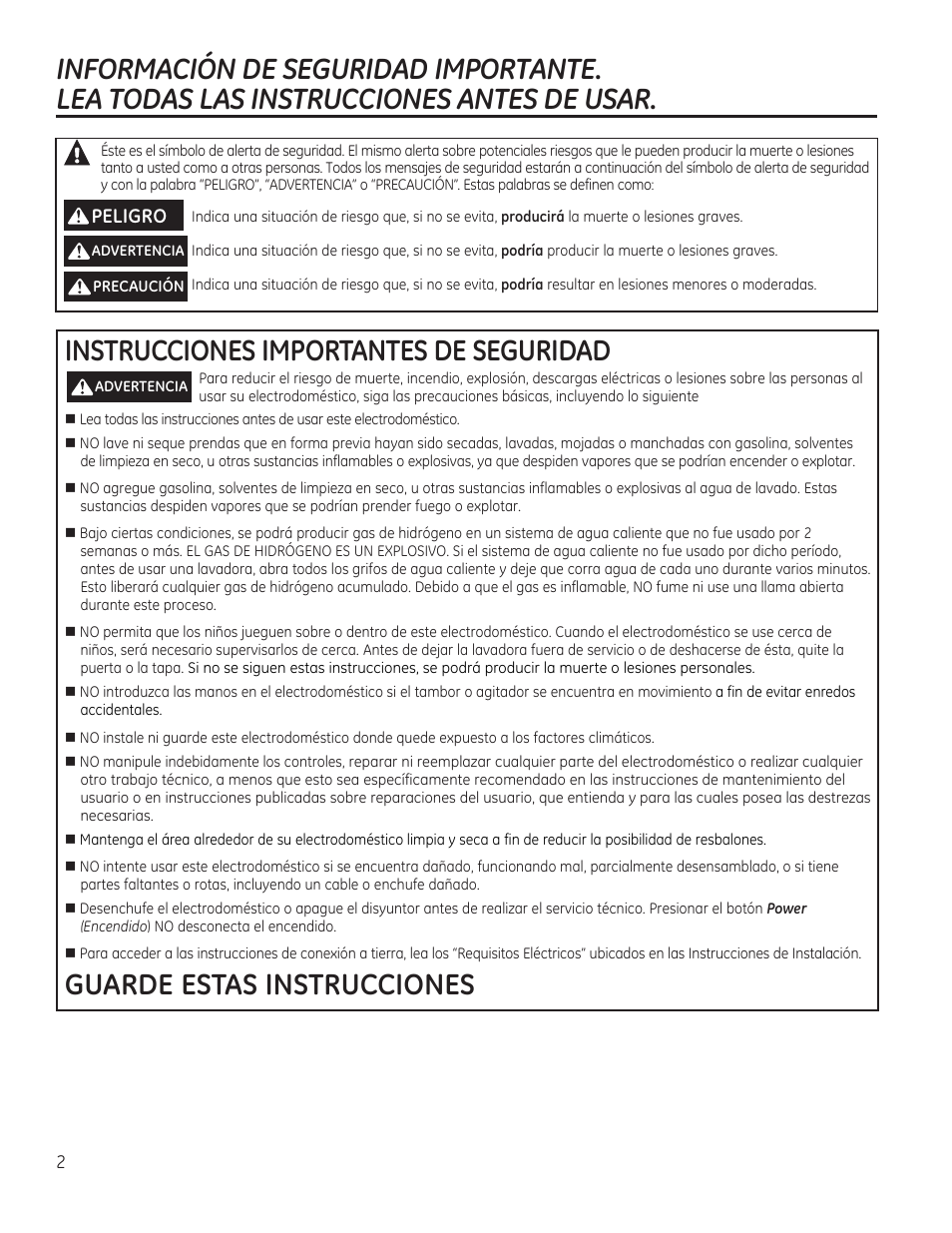 Instrucciones importantes de seguridad, Guarde estas instrucciones, Peligro | GE GTWN7450HWW User Manual | Page 18 / 32