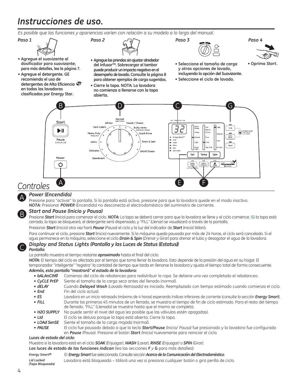 Instrucciones de uso. controles | GE GTWN7450HWW User Manual | Page 20 / 32