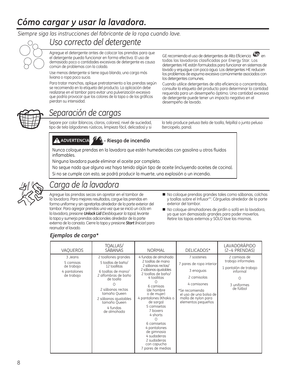 Uso correcto del detergente, Carga de la lavadora, Cómo cargar y usar la lavadora | Separación de cargas, Ejemplos de carga | GE GTWN7450HWW User Manual | Page 24 / 32