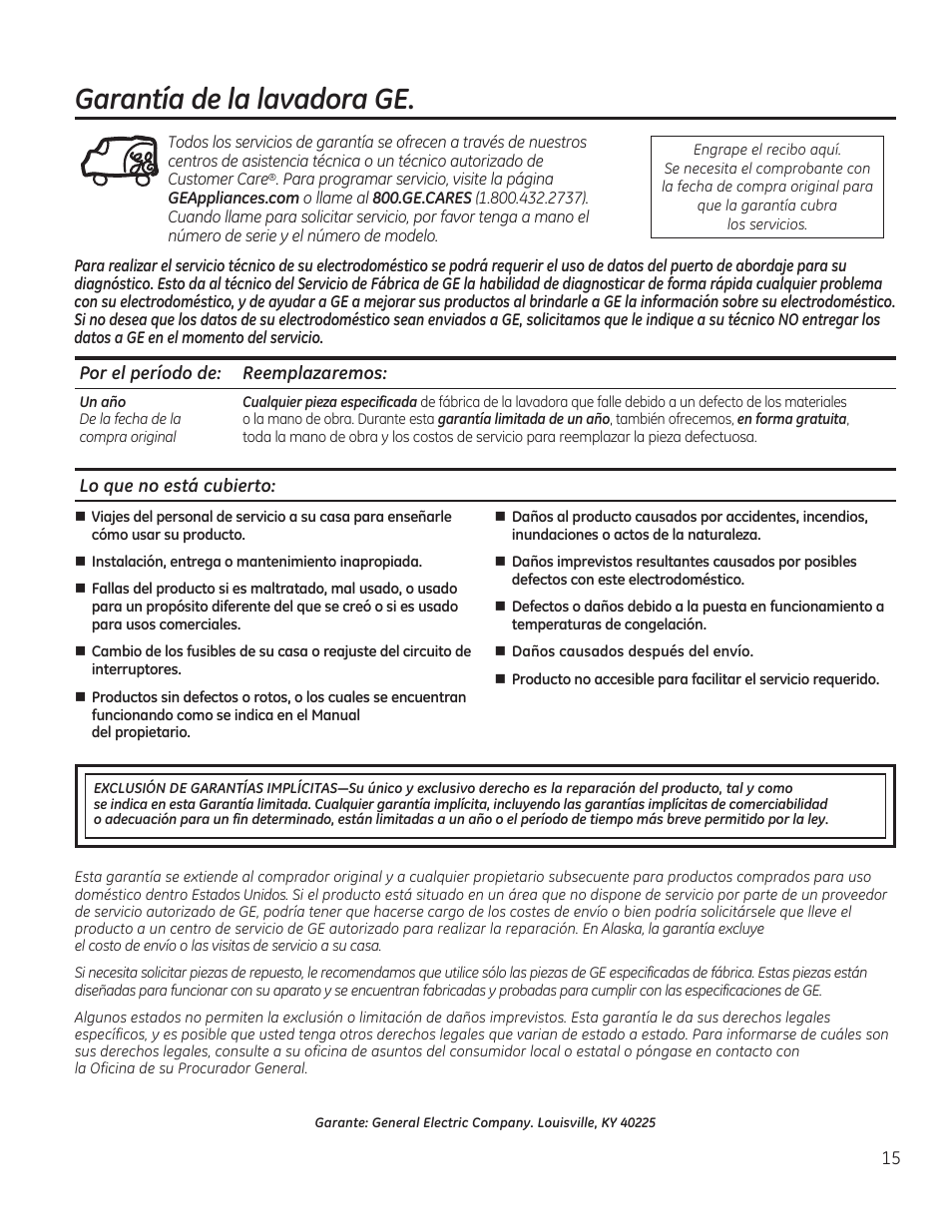 Garantía de la lavadora ge | GE GTWN7450HWW User Manual | Page 31 / 32