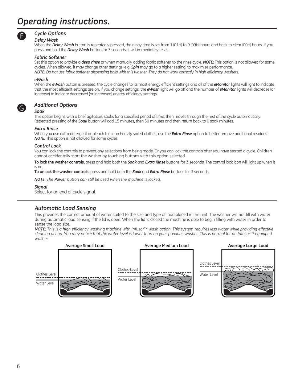 Operating instructions | GE GTWN7450HWW User Manual | Page 6 / 32