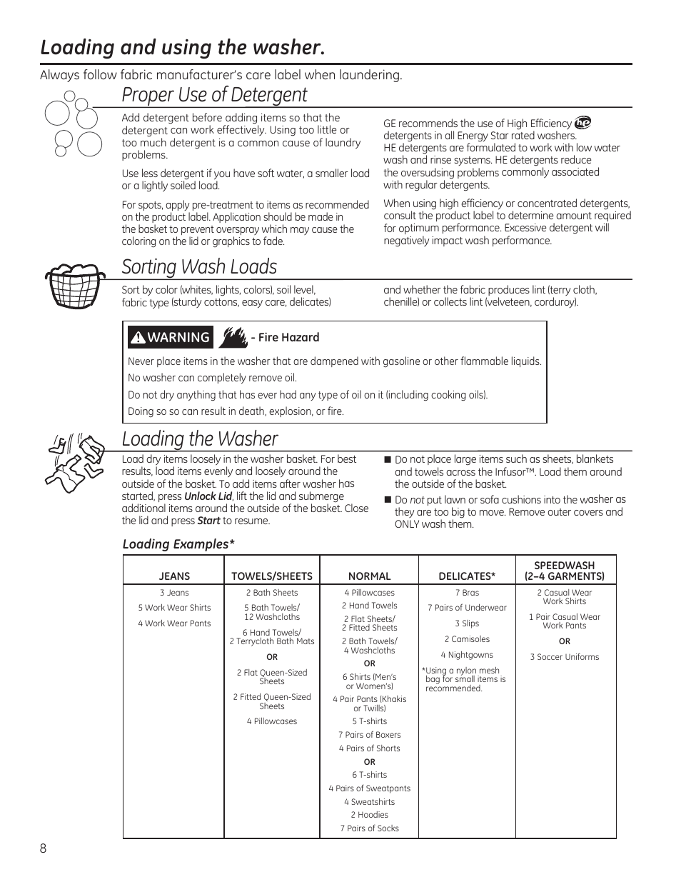 Loading and using the washer, Sorting wash loads, Loading the washer | Proper use of detergent, Warning, Loading examples | GE GTWN7450HWW User Manual | Page 8 / 32