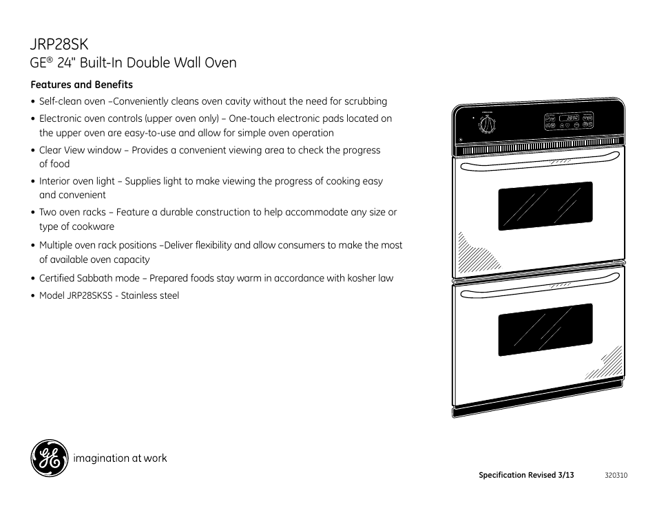 Jrp28sk, 24" built-in double wall oven, Model jrp28skss - stainless steel | GE JRP28SKSS User Manual | Page 2 / 2