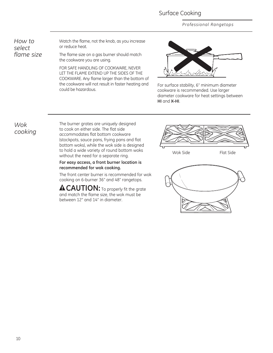 Acaution, How to select flame size, Wok cooking | Surface cooking | GE ZGU364NRPSS User Manual | Page 10 / 60