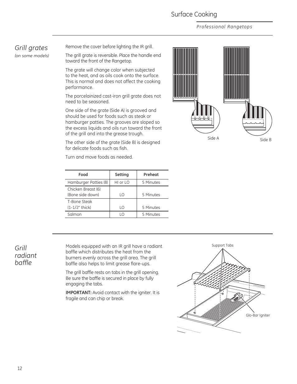 Grill grates, Grill radiant baffle, Surface cooking | GE ZGU364NRPSS User Manual | Page 12 / 60