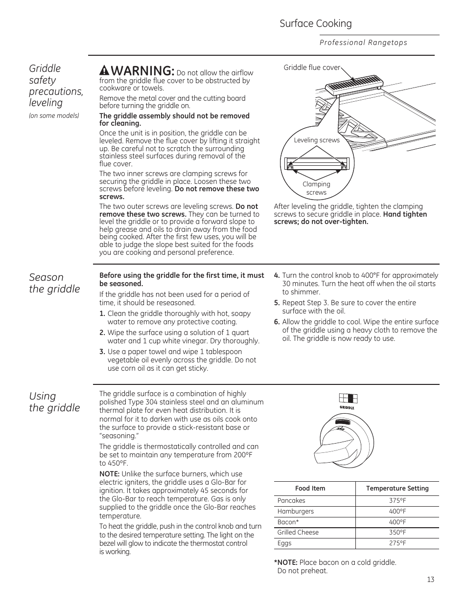 Griddle safety precautions, leveling, Awarning, Season the griddle | Using the griddle, Surface cooking | GE ZGU364NRPSS User Manual | Page 13 / 60