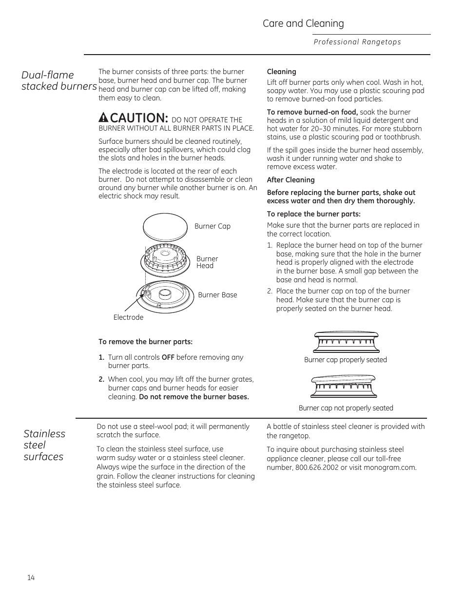 Cleaning, To remove the burner ports, Acaution | Dual-flame, Siackea oumers, Stainless steel surfaces, Саге and cleaning | GE ZGU364NRPSS User Manual | Page 14 / 60